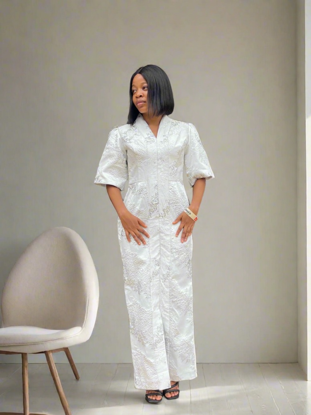 White Brocade Fitted Dress with V-Neck